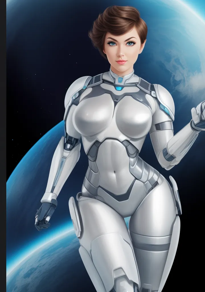 This is an image of a woman in a white and silver spacesuit with brown hair and blue eyes. She is standing in front of a blue and white planet. The spacesuit has a light on the chest and a device on the left arm. The woman has a serious expression on her face.