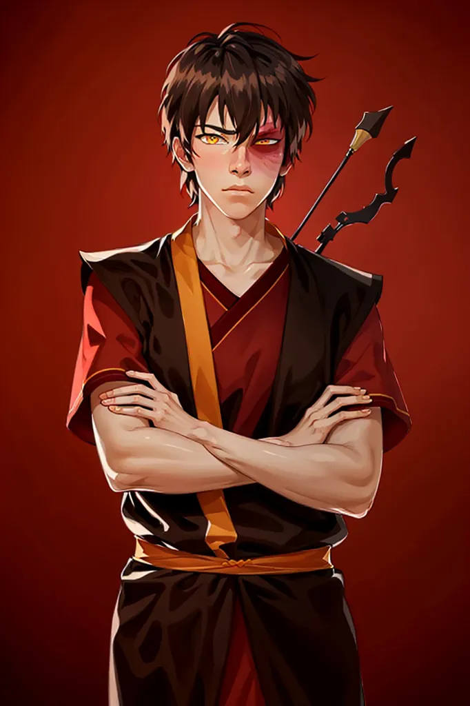 This is a picture of Zuko from the cartoon *Avatar: The Last Airbender*. He has short black hair and a scar on his left eye. He is wearing a red and black outfit and is standing with his arms crossed. He has a serious expression on his face.