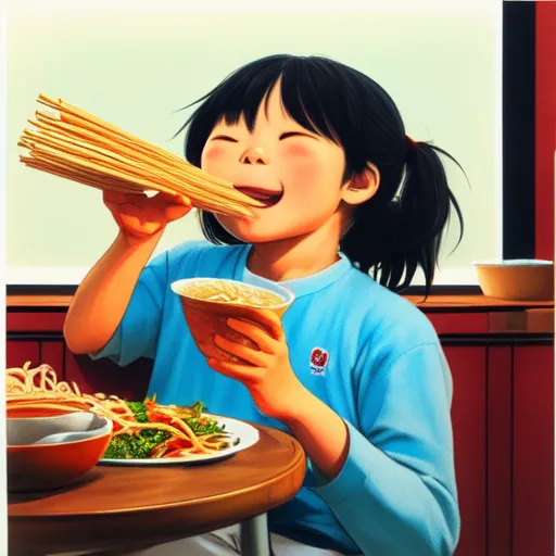 A young girl with black hair tied in a ponytail is eating a bowl of noodles. She is slurping the noodles and has a big smile on her face. There is a plate of vegetables on the table. The girl is wearing a blue shirt and the background is a restaurant.