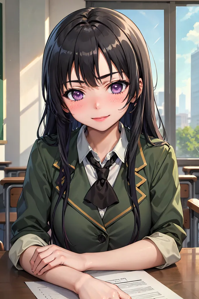 The image shows a young girl with long black hair and purple eyes. She is wearing a green school uniform and a black tie. She is sitting at a desk with a test paper in front of her. She has a shy smile on her face and is looking at the viewer.