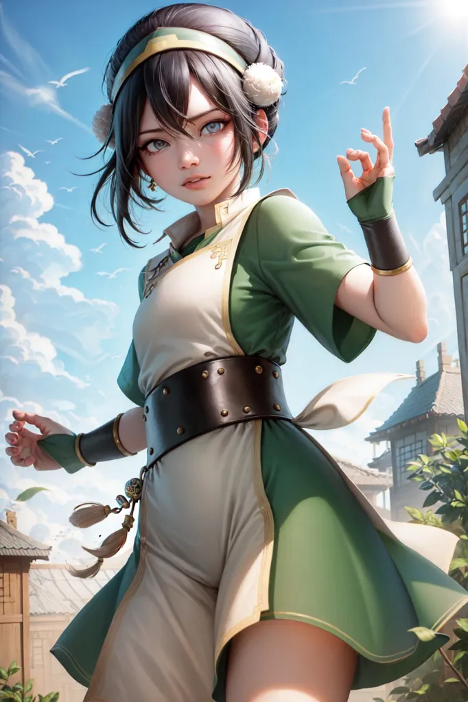 The image is of a young woman in a green and white outfit. She has brown hair and blue eyes, and is wearing a white headband with a green jewel in the center. She is also wearing a brown belt with a metal buckle, and there are two green sashes hanging from her waist. She is standing in a confident pose with her left hand raised, and her right hand is holding a small green object. The background is a blue sky with white clouds, and there are some buildings in the distance. The image is likely depicting Toph Beifong, a character from the Nickelodeon animated series Avatar: The Last Airbender.