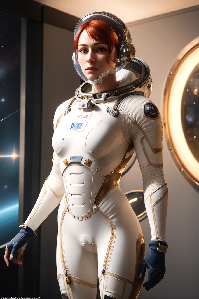 The image shows a young woman in a futuristic spacesuit. The spacesuit is white with gold accents, and has a clear bubble helmet. The woman has red hair and blue eyes, and she is looking at the camera with a serious expression. She is standing in a spaceship, and there is a porthole behind her.