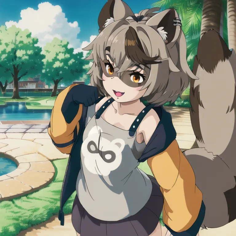 The image is of an anime-style raccoon girl with brown and gray hair and orange eyes. She is wearing a gray t-shirt with a white and black symbol on it, a black skirt, and a yellow jacket. She is also wearing a pair of black boots. She is standing in a park-like setting with a road, trees, and a pool in the background.