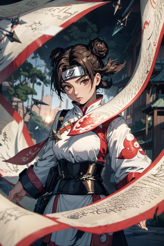 This is an image of a kunoichi from the anime series Naruto. She has brown hair and eyes, and is wearing a white and red outfit. She is also wearing a forehead protector with the symbol of the Hidden Leaf Village. She is standing in a fighting stance, and is surrounded by several kunai.