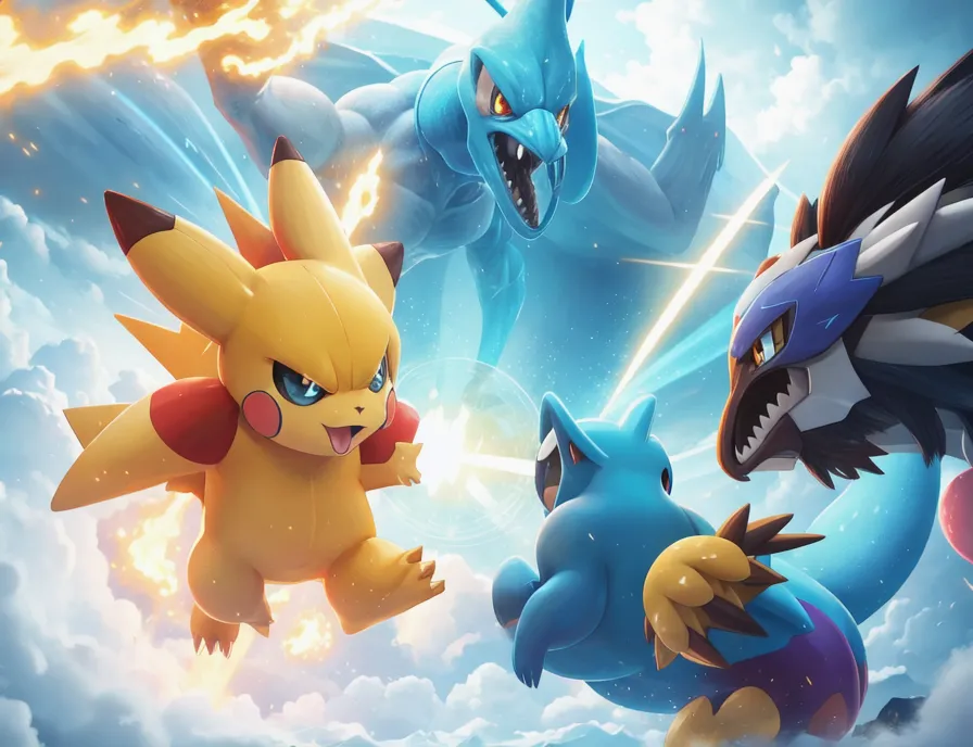 The image shows four Pokémon characters engaged in battle. In the foreground, Pikachu, a yellow mouse-like creature, is facing off against a blue and white bird-like creature named Altaria. In the background, a large, blue, reptilian creature named Garchomp is battling a black and purple dog-like creature named Absol. The background of the image is a bright, blue sky with white clouds