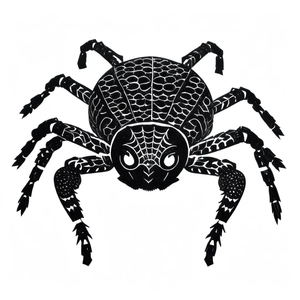 The image is a black silhouette of a spider. The spider has a large, round body with a web-like pattern on it. Its legs are long and jointed, and its eyes are small and beady. The spider is facing the viewer and appears to be crawling on a white surface.