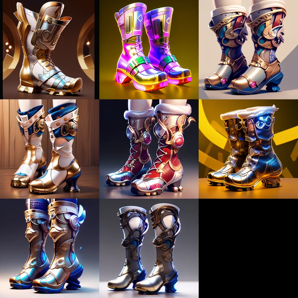 The image shows nine different pairs of boots. They are all very detailed and have a lot of different colors and designs. The boots are all different heights and styles, and they all have different buckles, straps, and other details. The boots are all made of different materials, such as leather, metal, and cloth.