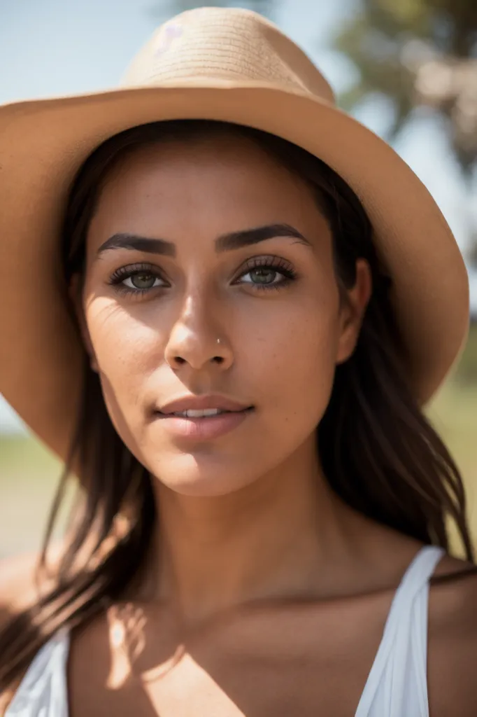 A young woman is wearing a brown hat and a white tank top. She has long, dark hair and brown eyes. She is looking at the camera with a slight smile on her face. The background is blurred.