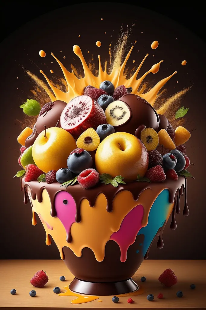 The image shows a bowl of fruit. The bowl is made of chocolate and is filled with a variety of fruits, including apples, pears, kiwi, and berries. The fruit is arranged in a visually appealing way and is topped with a splash of orange liquid. The background is dark, which makes the fruit stand out. The image is very realistic and the fruit looks delicious.