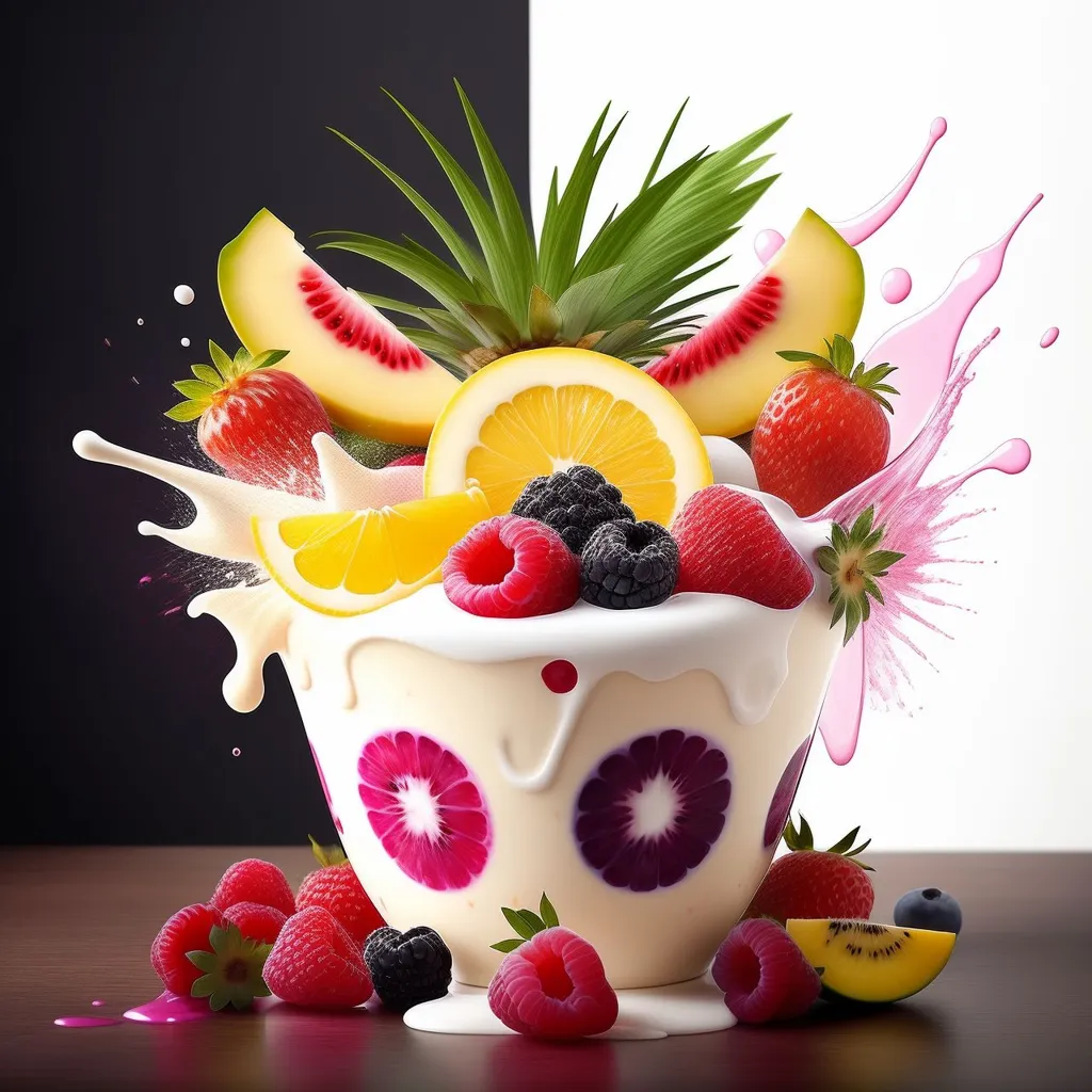 There is a bowl of fruit sitting on a table. The bowl is white with pink and purple flower-shaped designs. It is filled with raspberries, blackberries, strawberries, lemon wedges, and kiwi slices. There is also a pineapple frond sticking out of the bowl. The background is half black and half white. The fruit is arranged in a way that is visually pleasing. The image is very colorful and makes the fruit look delicious.