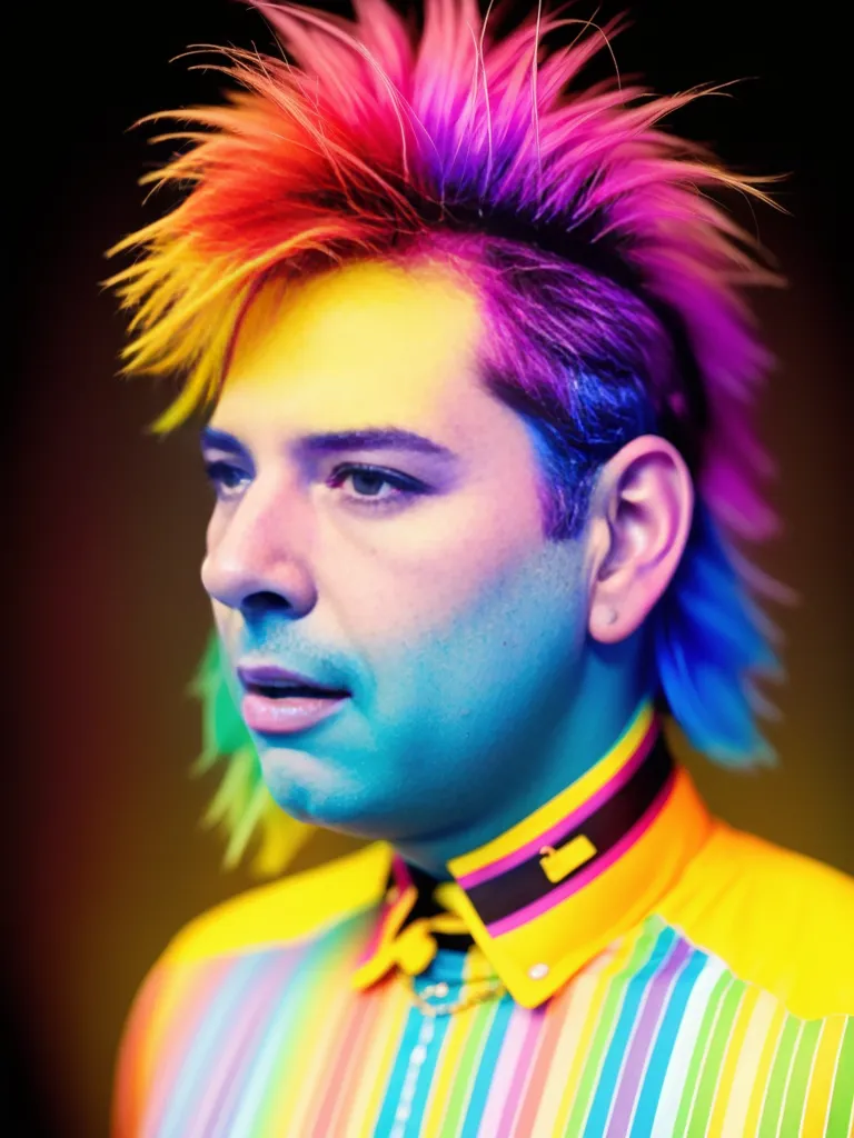 This is an image of a person with a multi-colored mohawk. The mohawk is rainbow-colored, with the colors arranged horizontally. The person is wearing a collared shirt with vertical rainbow stripes, and the collar is partially covered by a black choker. The person's face is painted with rainbow colors, with the colors arranged horizontally. The person is looking to the right of the frame.