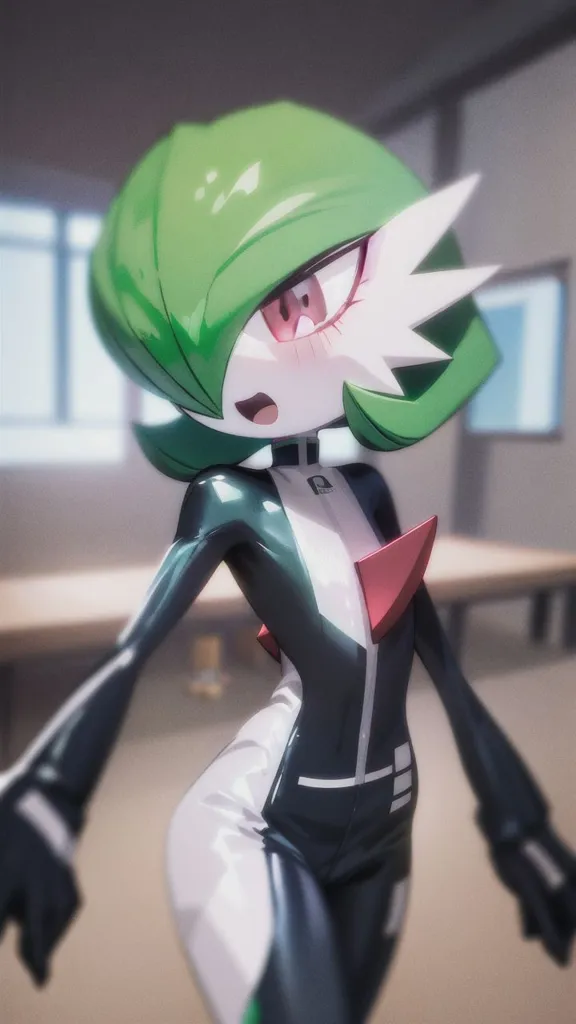 The image is of a Gardevoir, a bipedal, humanoid Pokémon that resembles a mythical creature. It has a slender figure, green hair, and large, expressive eyes. It is wearing a black and white bodysuit with red and white accents. It is standing in a classroom, looking at the viewer with a surprised expression on its face