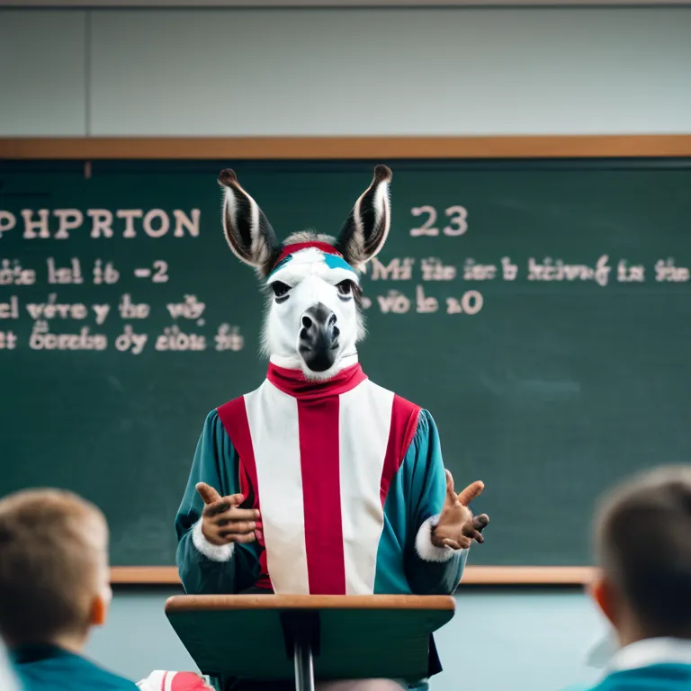 The image shows a donkey wearing a human mask standing in a classroom. The donkey is wearing a red, white, and blue striped shirt and a tie. It is standing behind a podium and is speaking to a group of children who are sitting at desks in front of it. The children are all wearing school uniforms. The donkey is holding a book in its hoof and is looking at the children. The blackboard behind the donkey has a bunch of letters and numbers written on it.