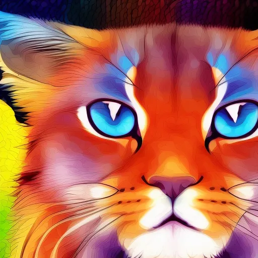 This is a painting of a cat. The cat has blue eyes and a colorful face. The colors include orange, yellow, purple, and blue. The background is a rainbow of colors. The painting is in a cartoon style.