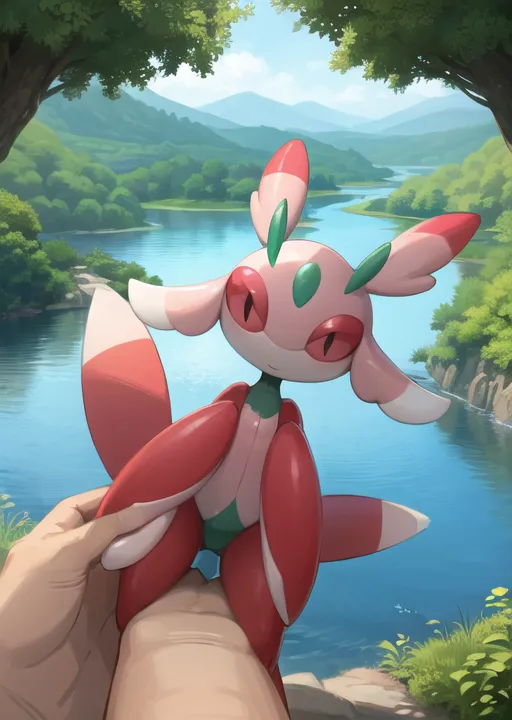 The image shows a small, pink, and green creature with large, red, leaf-like ears and a long, thin tail. It is standing on a human hand, and there is a river and a forest in the background. The creature is a Pokémon, and it is likely that the hand belongs to its trainer. The Pokémon is smiling and looks happy to be with its trainee