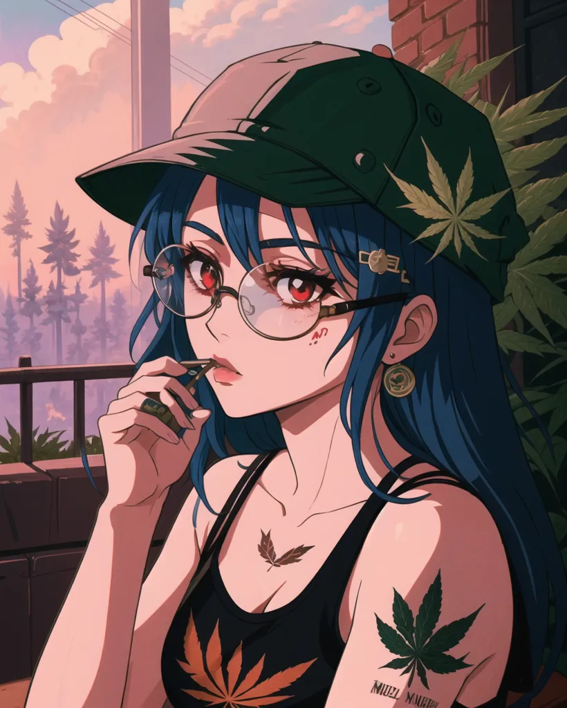 Esta imagem mostra uma garota em estilo anime com cabelo azul, olhos vermelhos e um chapéu preto com detalhes verdes e brancos. Ela está usando uma regata preta e tem uma tatuagem de folha no ombro esquerdo. Ela também está usando óculos e tem um isqueiro na boca. No fundo, há árvores e um prédio de tijolos.