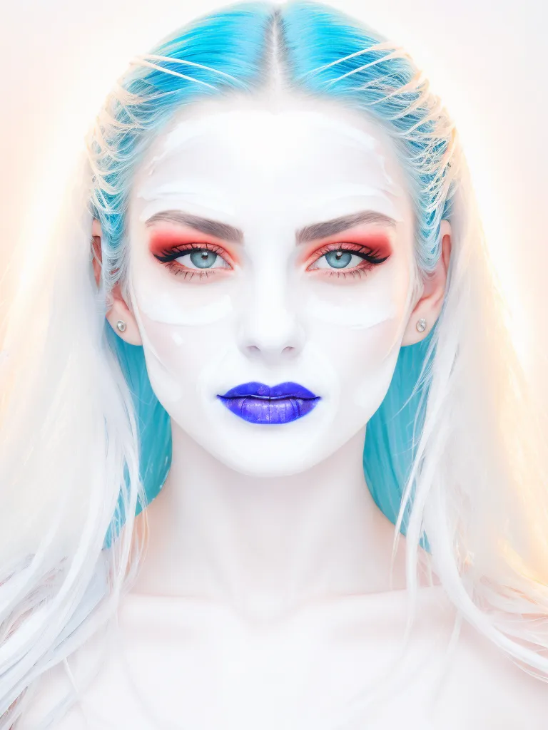 The image is a portrait of a woman with blue hair and white skin. She is wearing blue lipstick and has orange eyeshadow. She is also wearing a white mask that covers her nose and mouth. Her eyes are a light blue color and her eyebrows are a dark brown color. She is looking at the camera with a serious expression. The background is a light gray color.