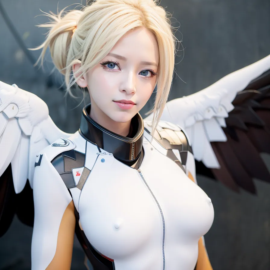 The picture shows a young woman dressed in a white bodysuit. The bodysuit has black and grey sections as well. She has blonde hair tied up in two buns on top of her head. She is also wearing a black choker with a white symbol on it. She has blue eyes and is looking at the camera. She has angel wings that are white and black.