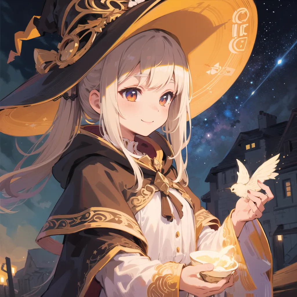 This image shows an anime-style girl with long, white hair and yellow eyes. She is wearing a brown and yellow witch hat and a white dress with a brown cape. She is holding a small white bird in her right hand and a cup of tea in her left hand. She is standing in a town at night with a starry sky and there are houses and a clock tower in the background.