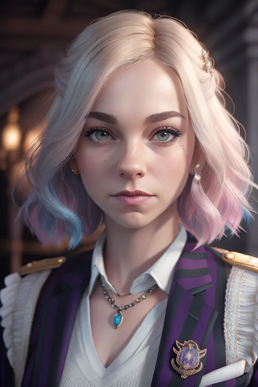 The image is a portrait of a young woman with shoulder-length blonde hair that fades to blue at the tips. Her eyes are a light blue color, and she has a fair complexion. She is wearing a white blouse with a purple blazer. The blazer has gold buttons and a crest on the left side. She is also wearing a blue necklace with a silver pendant. The background is blurry, but it looks like there are candles on either side of her.