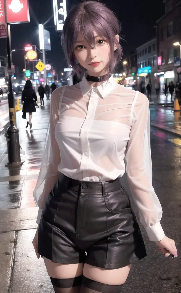 The image shows a young woman, probably in her early 20s, with mid-length purple hair styled in a hime cut. She is wearing a white, semi-sheer dress shirt with the top few buttons undone, black leather shorts, and black thigh-high stockings. She is also wearing a black choker. The woman is standing in a dark urban setting, with city lights and people walking in the background.