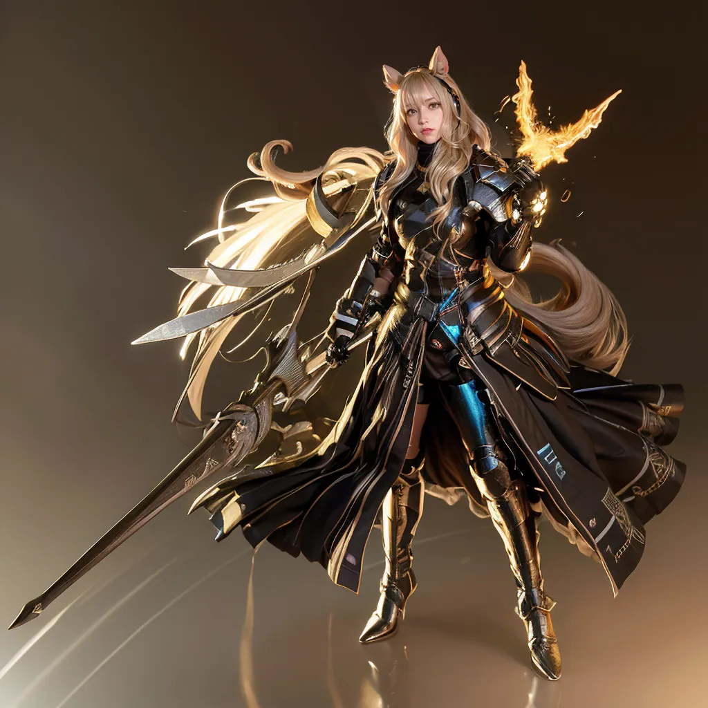 The image is of a female character with cat ears and a long blonde hair. She is wearing a black and gold armor and is holding a sword in her right hand and fire in her left hand. She is standing in a confident pose and looks like she is ready to fight. The background is a dark brown.