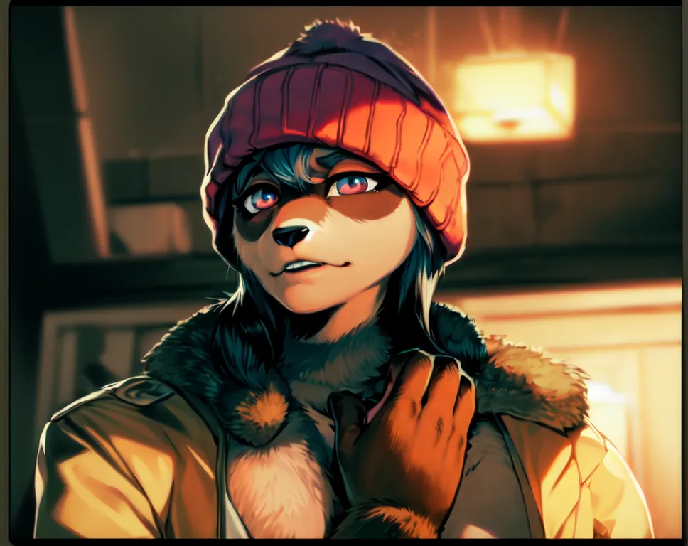 The image is a painting of a furry character. The character is a raccoon with blue eyes and brown fur. She is wearing a red beanie with a pom-pom and a yellow jacket with a fur collar. The character is standing in a room with a fireplace behind her. She has a confident expression on her face.