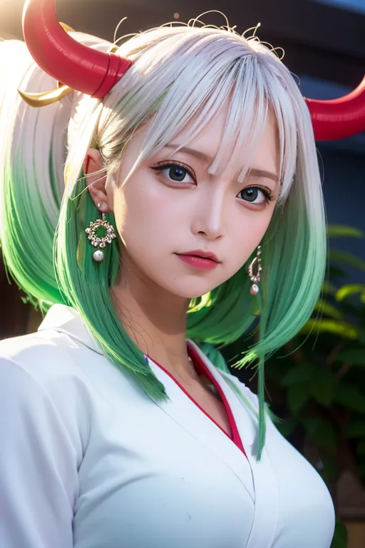 A imagem mostra uma jovem mulher com cabelos brancos e verdes, chifres vermelhos e olhos verdes. Ela está usando um quimono branco com um obi vermelho e tem uma expressão séria no rosto. O fundo está desfocado e fora de foco.