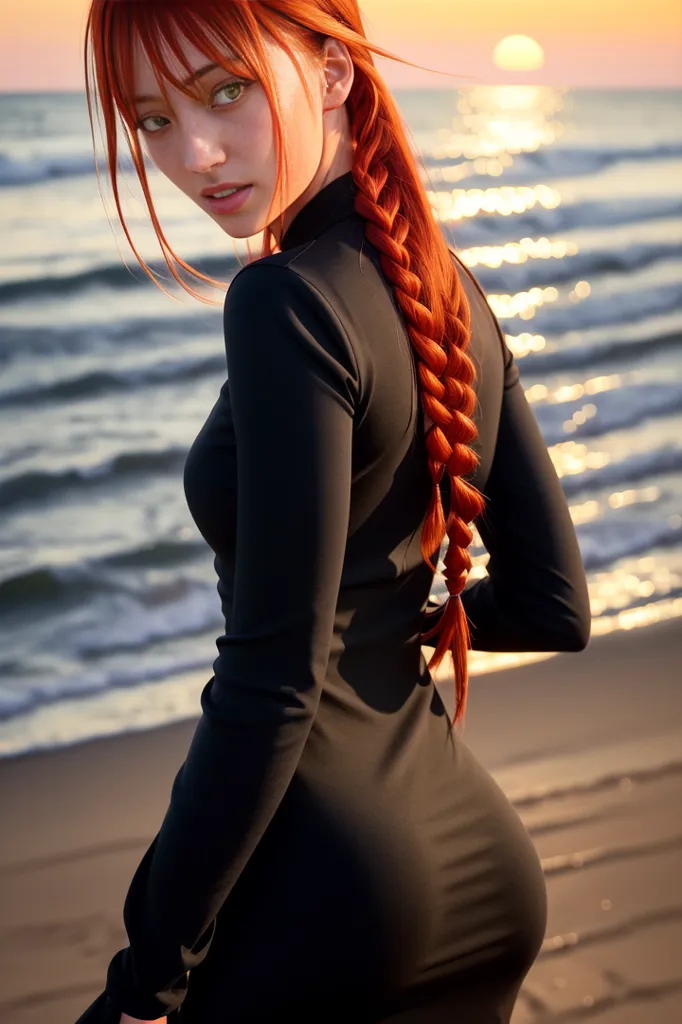 This is an image of a young woman standing on a beach. She is wearing a tight black dress with long sleeves and has long red hair braided down her back. The sun is setting in the background, casting a warm glow over the scene. The woman is looking over her shoulder at the camera with a confident expression on her face.