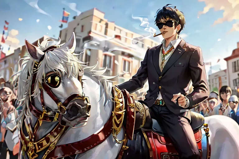 The image shows a man riding a white horse. The man is wearing a black suit and sunglasses. He is smoking a cigarette and has a confident expression on his face. The horse is wearing a golden saddle and bridle. There are people on both sides of the road watching the man ride by. There are buildings in the background. The sky is blue and there are clouds in the sky.