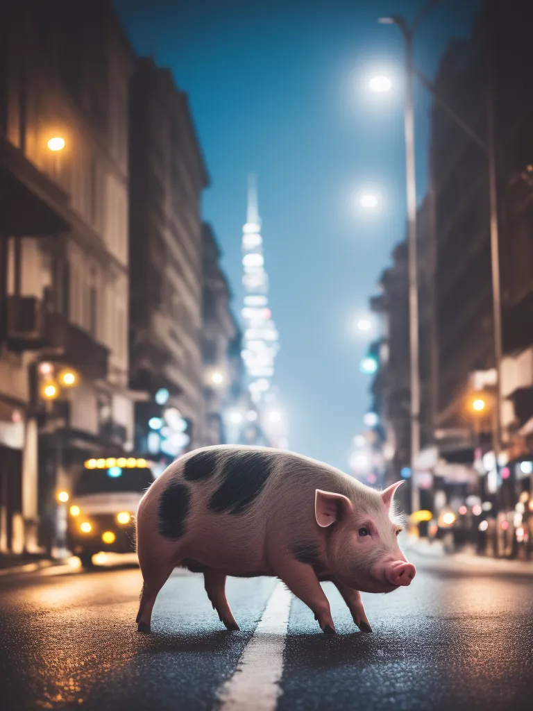 The image shows a pig crossing a city street at night. The pig is in the foreground, and the background is a blurred cityscape with tall buildings and streetlights. The pig is pink and white, and it is walking towards the viewer. The street is wet, and the pig's reflection is visible in the water. There is a yellow taxi cab in the background. The image is realistic, and it seems as though the pig is really walking down the street.