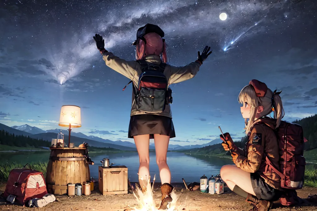 The image is of two anime girls camping. The girl on the left is standing with her arms in the air, looking up at the night sky in wonder. She has a backpack on and is wearing a skirt and a jacket. The girl on the right is kneeling on the ground, holding a lighter and lighting a campfire. She has a backpack on and is wearing a jacket and pants. There is a lake in the background and mountains in the distance. The sky is dark and there are stars and a moon in the sky.