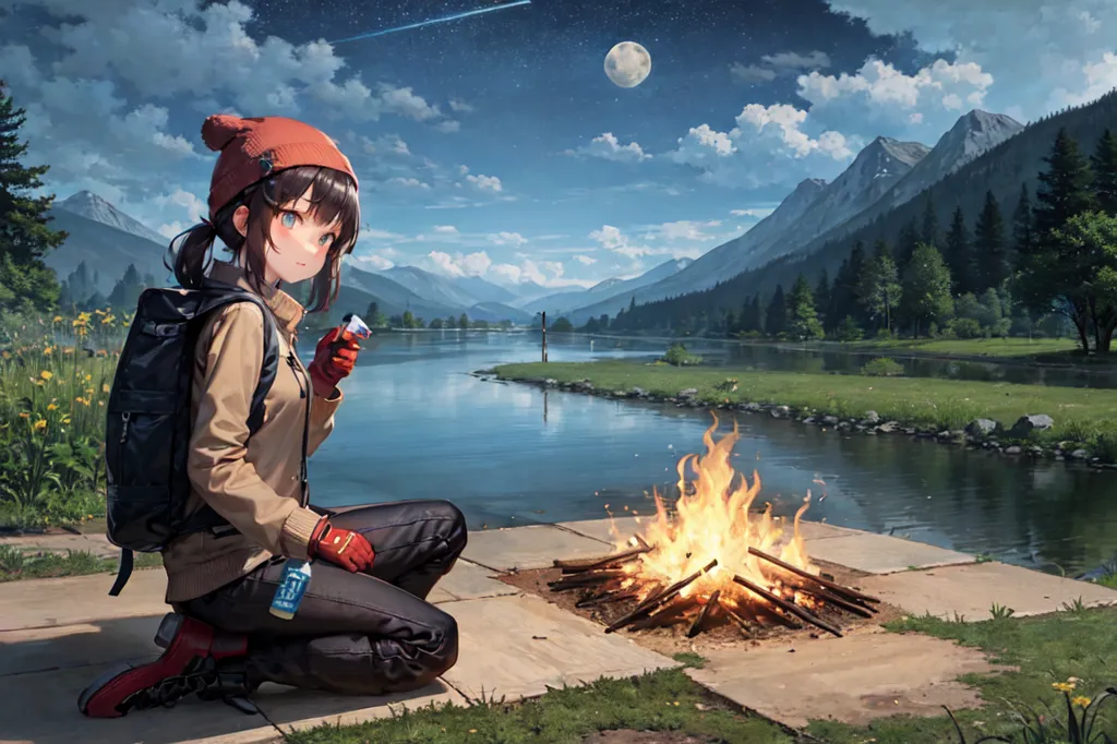 A girl with brown hair and red beanie is camping by a lake. She is wearing a brown jacket, black pants, and red sneakers. She is kneeling by a campfire and holding a lighter. There is a backpack on her back. There is a forest on the other side of the lake and mountains in the distance. The sky is blue and there is a moon in the sky.