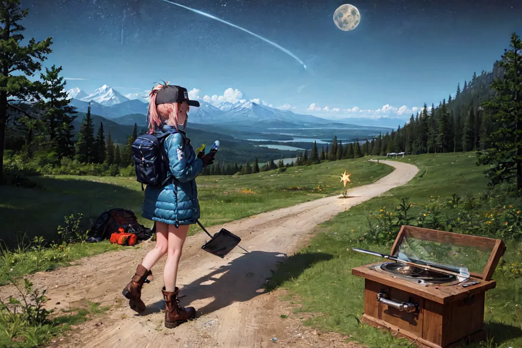 This is an image of a girl standing on a dirt road in the mountains. She is wearing a blue jacket, a gray skirt, and brown boots. She has a pink backpack on and is carrying a shovel. There is a record player on the ground next to her. The girl is looking at a glowing yellow star in the distance. There is a forest of pine trees to the left of the road and a mountain range in the distance. The sky is dark and there is a full moon.