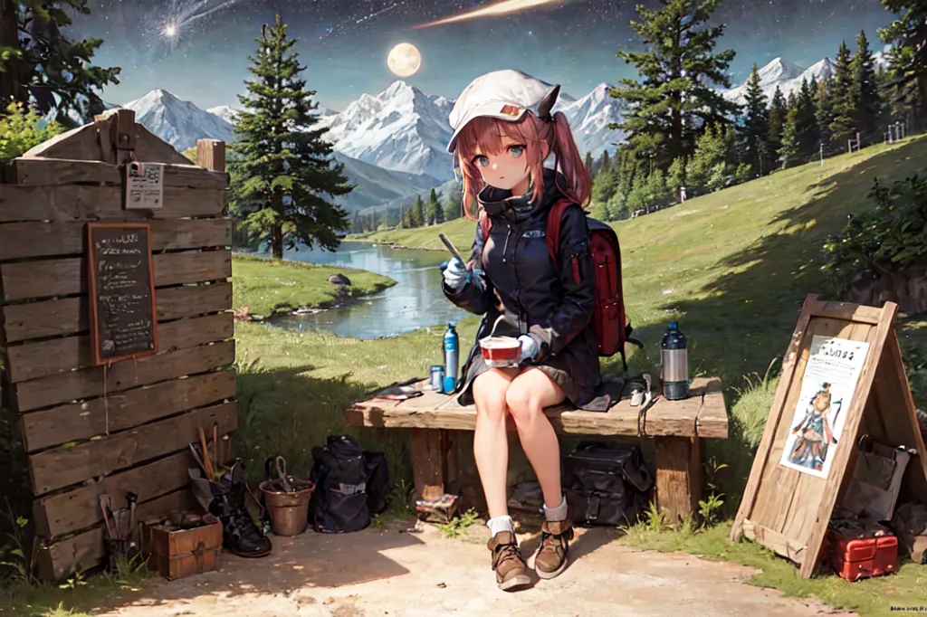 The image is a beautiful landscape featuring a crystal-clear river flowing through a valley. The sky is a deep blue color, and the sun is shining brightly, casting a warm glow over the scene. There is a wooden fence to the left of the image with a wooden sign attached to it. There is a girl with pink hair sitting on a bench in the middle of the image. She is wearing a black jacket and a white hat. She is eating out of a bowl with a spoon. There is a backpack and a few water bottles sitting next to her on the bench. There is another wooden sign on the ground to the right of the image. There are several large mountains in the background of the image covered in snow. The image is very peaceful and serene, and it captures the beauty of nature.