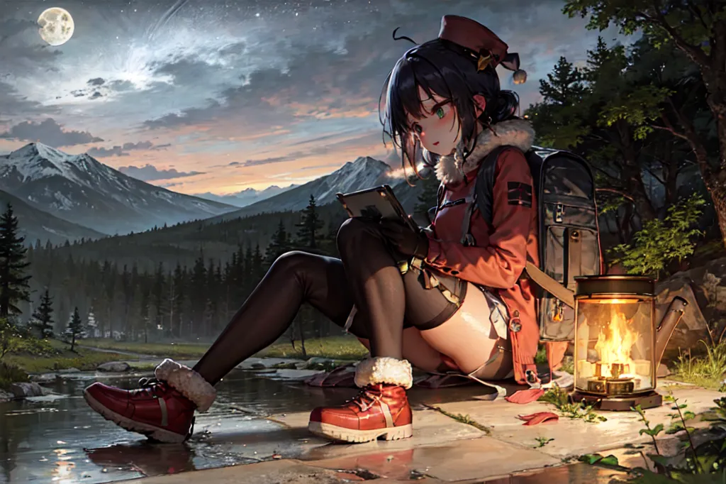 The image is of an anime girl sitting on a stone slab near a river. She is wearing a red and green jacket, a brown bag, and brown boots. She has a lantern on her right side and is looking at a tablet in her hands. There is a forest in the background with mountains in the distance. The sky is dark with a moon in the top left corner.