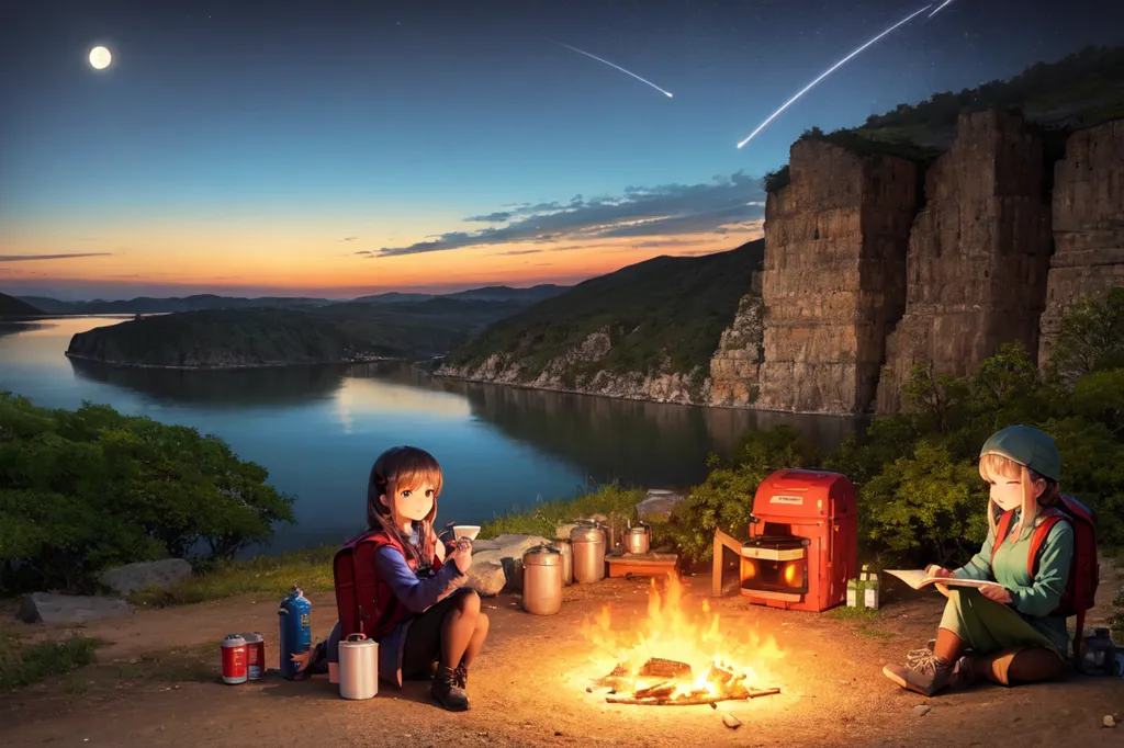 A imagem mostra duas meninas acampando nas montanhas. Elas montaram uma fogueira e estão cozinhando. Uma das meninas está sentada em uma rocha, mexendo a panela, enquanto a outra está sentada no chão, lendo um livro. Há um belo pôr do sol sobre o lago e as estrelas começam a aparecer. A imagem é pacífica e serena, e captura a beleza do mundo natural.