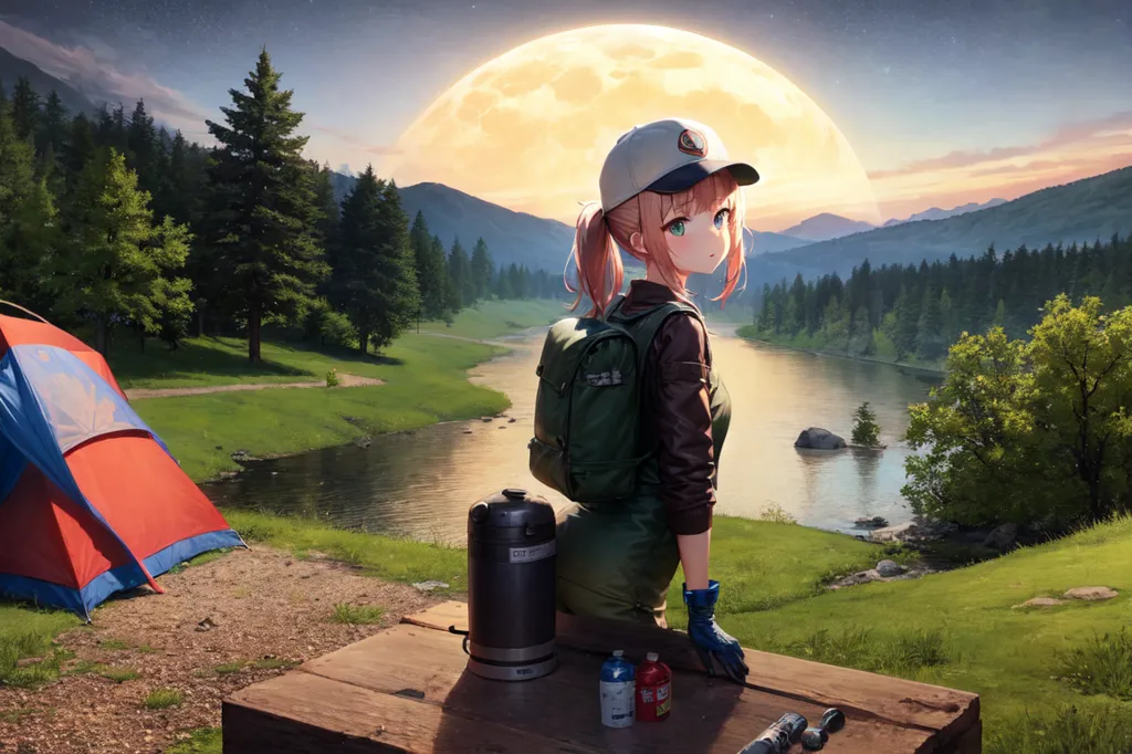 A girl with pink hair and a white hat is camping. She is wearing a green jacket and pants and has a backpack on. She is sitting on a rock next to a river. There is a tent in the background and a large moon in the sky. The sun is setting and the sky is turning into a beautiful shade of orange.