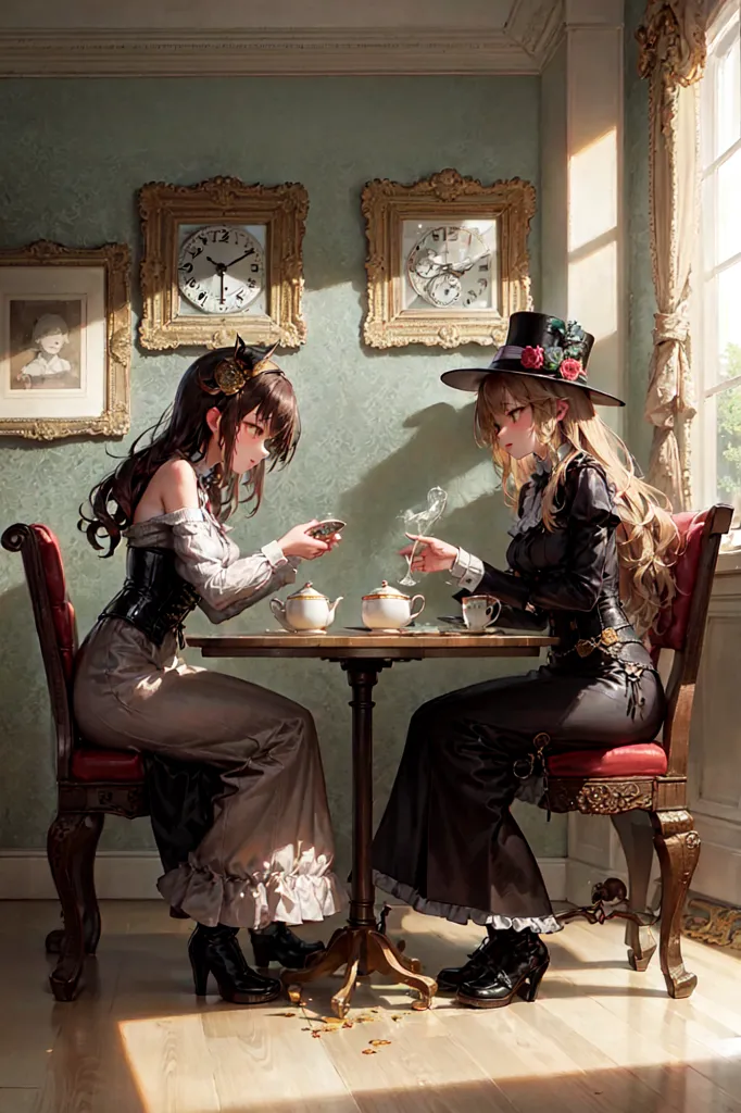 The image is of two anime girls sitting at a table and drinking tea. The girl on the left has brown hair and is wearing a grey and white dress. The girl on the right has blonde hair and is wearing a black dress with a top hat. The table is set with a teapot, two teacups, and a plate of cookies. There are also several clocks on the wall behind them.