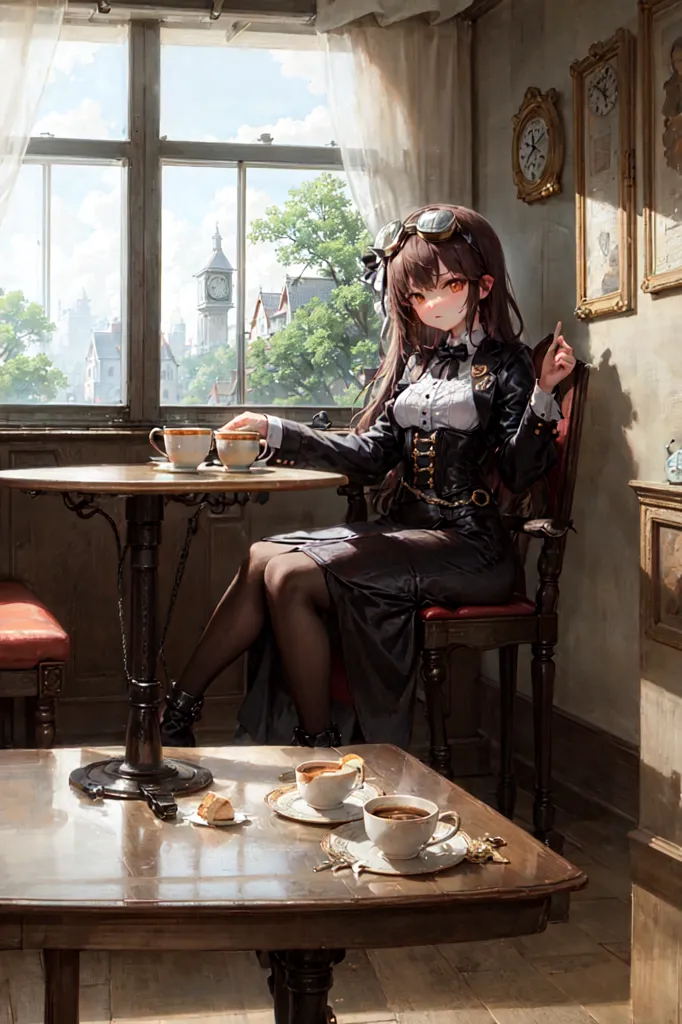 The image is a painting of a young woman sitting in a chair in a steampunk-style room. She is wearing a black dress with a white collar and a brown corset. She has brown hair and red eyes, and she is wearing a pair of goggles on her head. She is sitting at a table with a cup of tea in front of her. There is a window behind her with a view of a city.