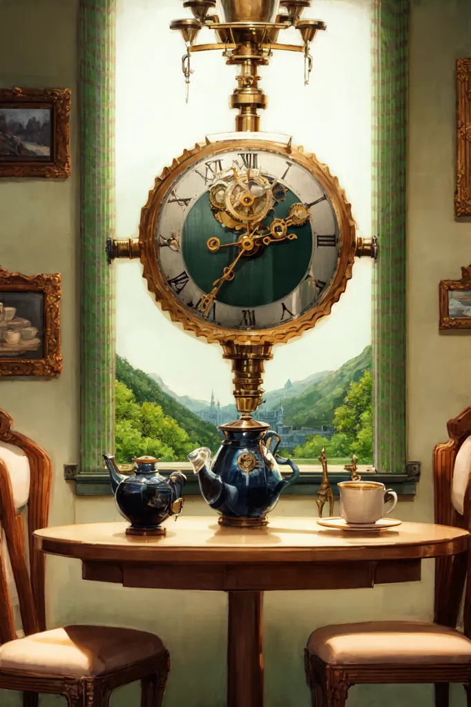 The image is a painting of a room with a large clock. The clock is made of metal and has a green face with Roman numerals. It is surrounded by gears and cogs, some of which are exposed. The clock is mounted on a wooden stand that also supports a teapot, two teacups, and a saucer. The table is round and has a wooden top. There are three chairs in the room, two of which are empty. The third chair is occupied by a small white cat. The room has two windows that are covered in green curtains. There is a picture frame on each side of the window. The floor is covered in a green carpet. The painting is done in a realistic style and the colors are muted and natural.