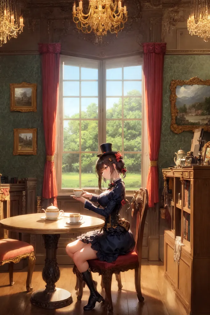 The image is a portrait of a young woman sitting in a Victorian-style drawing room. She is wearing a black top hat and a blue dress with a white lace collar. She is sitting at a round table with a teacup in her hand. There is a large window behind her with a view of a tree. The room is decorated with paintings, a globe, books, and other objects.