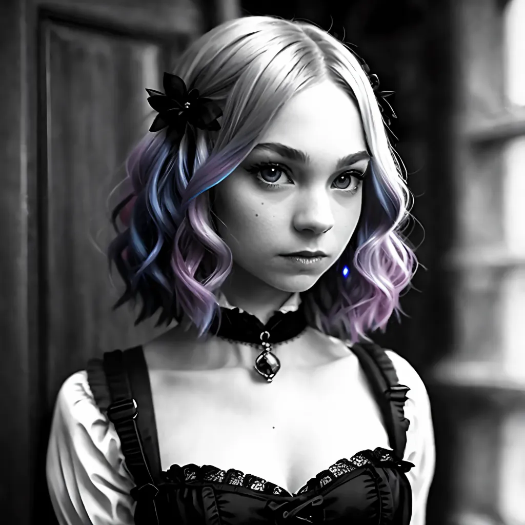 The image is in black and white. It shows a young woman with short white and blue hair. She is wearing a black dress with a white collar. There are two black flowers in her hair. She has a serious expression on her face.