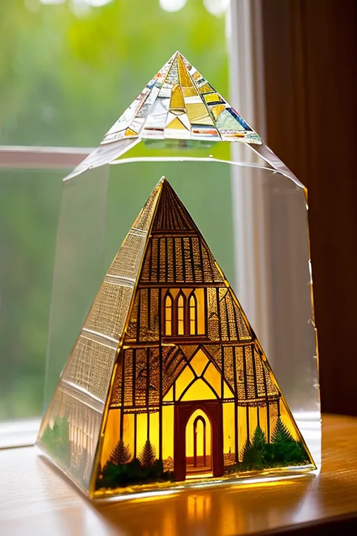 A imagem é de uma pirâmide de vidro com um topo de vidro colorido. Dentro da pirâmide há um modelo 3D de uma igreja. A igreja é feita de madeira e tem muitos detalhes. A pirâmide está sentada em uma mesa ou prateleira de madeira. Há uma janela ao fundo com uma vista desfocada de árvores do lado de fora.