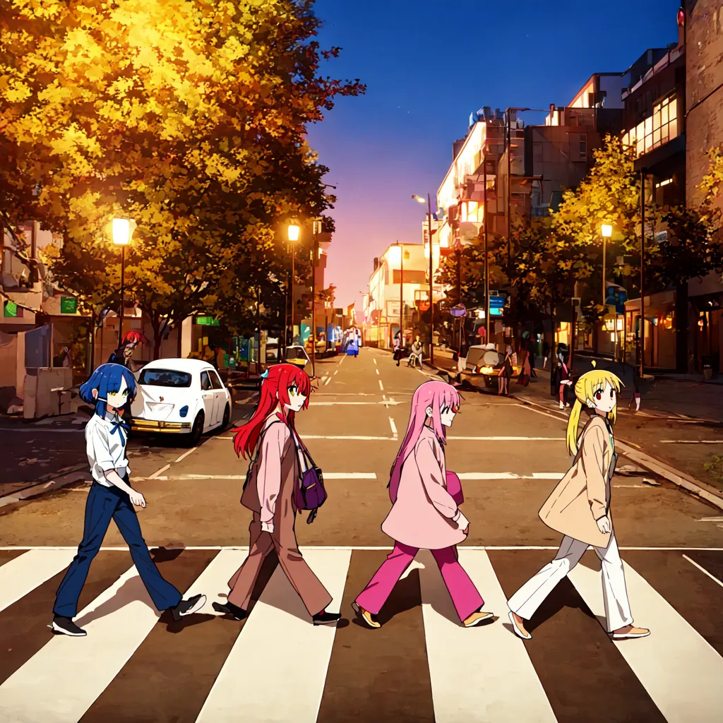 A imagem mostra quatro garotas de anime atravessando uma rua. O fundo é uma rua da cidade com edifícios, carros e árvores. As garotas estão vestindo roupas diferentes. A garota da esquerda tem cabelo azul curto e está usando uma camisa e calças azuis. A garota do meio tem cabelo vermelho longo e está usando uma saia marrom e uma camisa branca. A garota da direita tem cabelo rosa curto e está usando um vestido rosa. A garota mais à direita tem cabelo loiro longo e está usando uma camisa e calças amarelas.