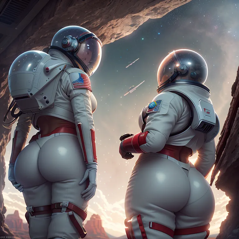The image depicts two female astronauts in white and red spacesuits standing on a rocky moon or Mars-like landscape. They are looking at something in the distance. The image is rendered in a realistic style and the details of the spacesuits and the landscape are clearly visible. The astronauts are both wearing helmets and their faces are not visible.