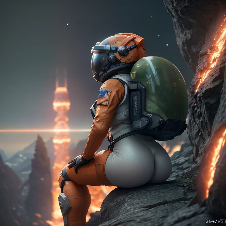 Esta é uma imagem de um astronauta sentado em uma rocha. Ela está usando um traje espacial laranja e branco com uma mochila verde. O astronauta está olhando para uma paisagem vulcânica. Há grandes formações rochosas ao fundo e um vulcão está entrando em erupção ao longe, lançando um brilho vermelho sobre a cena. O astronauta está com o capacete e está olhando para a vista.
