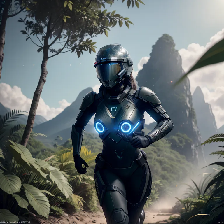 The image shows a woman in a futuristic suit of armor running through a jungle. She is wearing a helmet with a blue visor and a black and blue bodysuit. The suit of armor has several blue lights on it. She is running with her arms out in front of her and her legs are pumping behind her. She is surrounded by tall grass and trees. In the background, there is a mountain range with clouds over it.