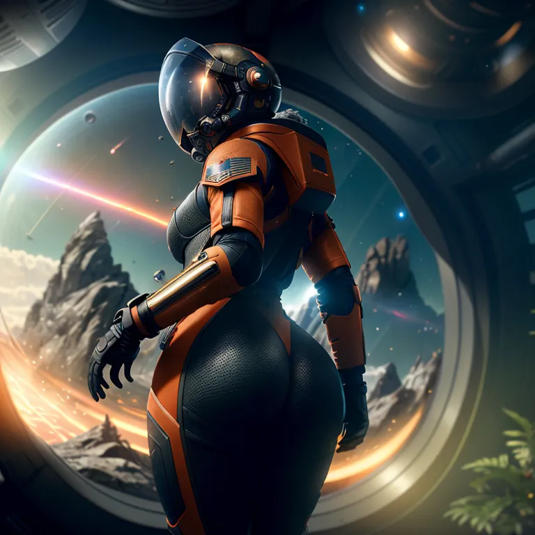 The image shows a female astronaut wearing a futuristic orange and black spacesuit with the American flag patch on her shoulder. She is standing with her back to the camera, looking out of a window into a canyon on a distant planet. There are two planets and a moon in the distance.