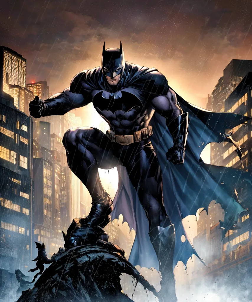 The image shows Batman, a superhero from DC Comics. He is standing on a rooftop in a fighting stance, looking out over a dark city. He is wearing his classic black and gray costume, with a yellow utility belt and a long, flowing cape. The city is in the background, with tall buildings and a dark sky. The rain is falling, and the wind is blowing Batman's cape.